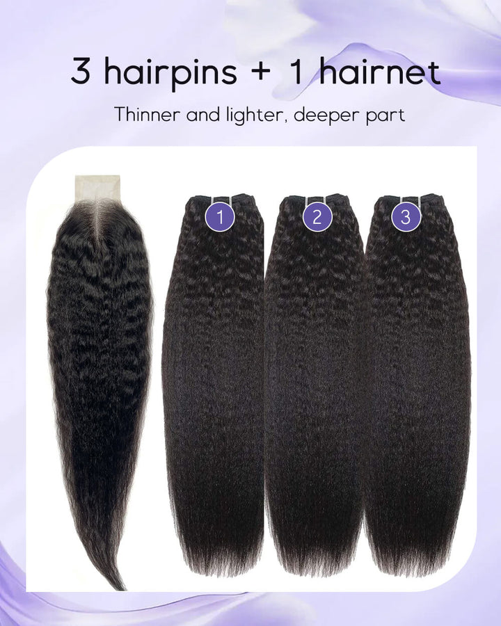 eullair Kinky Straight Bundles with 2x6 Closure - 6 Inch Deep Side Parting Kim K Style Natural Hairline