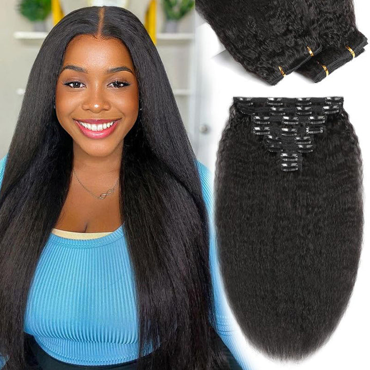 eullair Kinky Straight Clip in Hair Extensions 100% Real Remy Human Hair Extensions for Black Women Natural Color 8PCS per Set With 20 Clips Double Weft 120gram