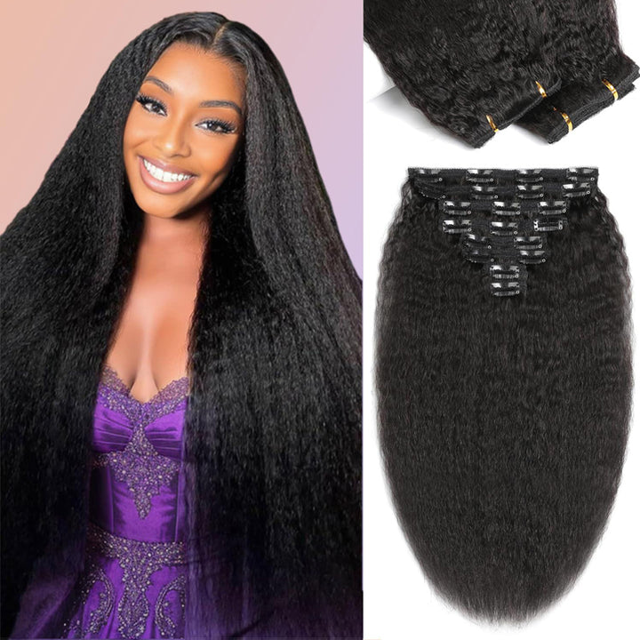 eullair Kinky Straight Clip in Hair Extensions 100% Real Remy Human Hair Extensions for Black Women Natural Color 8PCS per Set With 20 Clips Double Weft 120gram