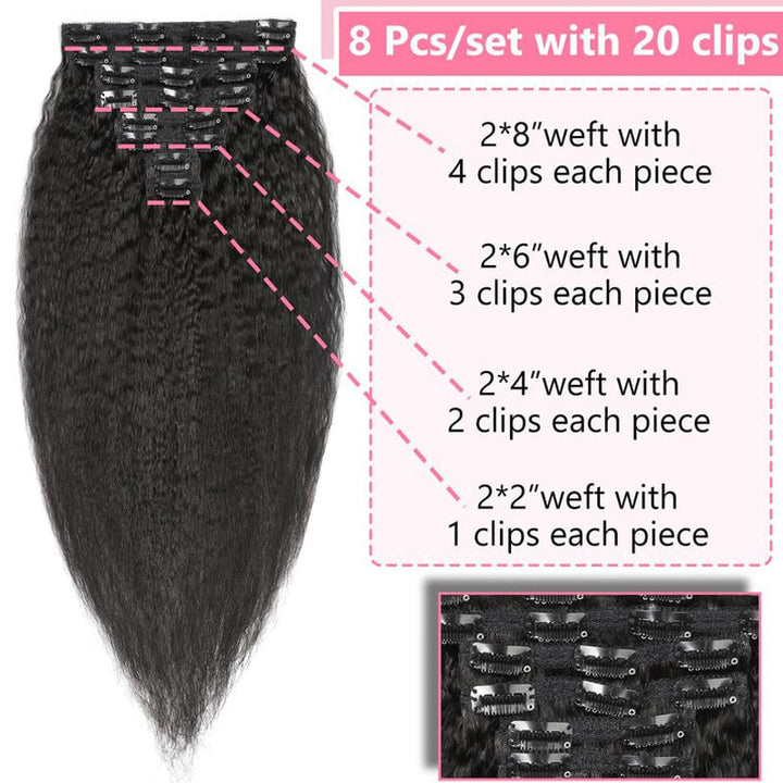 eullair Kinky Straight Clip in Hair Extensions 100% Real Remy Human Hair Extensions for Black Women Natural Color 8PCS per Set With 20 Clips Double Weft 120gram