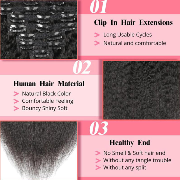 eullair Kinky Straight Clip in Hair Extensions 100% Real Remy Human Hair Extensions for Black Women Natural Color 8PCS per Set With 20 Clips Double Weft 120gram