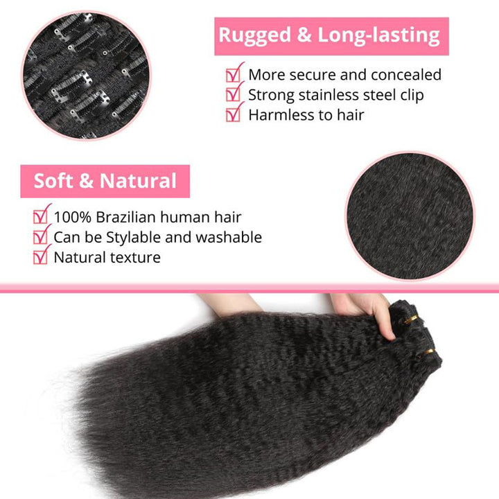 eullair Kinky Straight Clip in Hair Extensions 100% Real Remy Human Hair Extensions for Black Women Natural Color 8PCS per Set With 20 Clips Double Weft 120gram