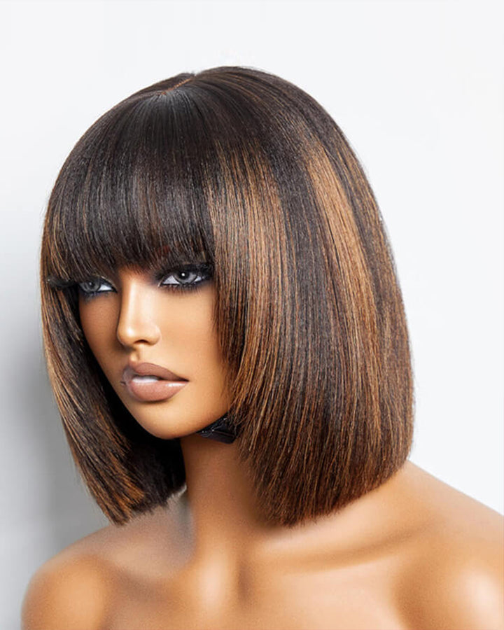eullair Layered Cut Bangs Bob Wig Short Pre Colored Glueless Straight Hunan Hair Pre Cut 4x4 5x5 Lace Closure Wig