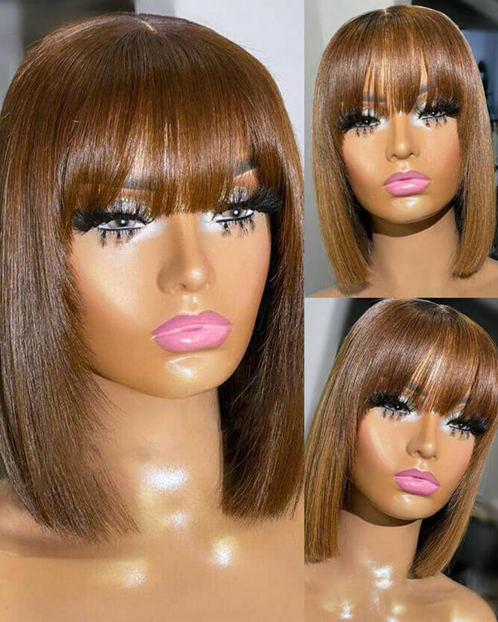 eullair Layered Cut Bangs Bob Wig Short Pre Colored Glueless Straight Hunan Hair Pre Cut 4x4 5x5 Lace Closure Wig