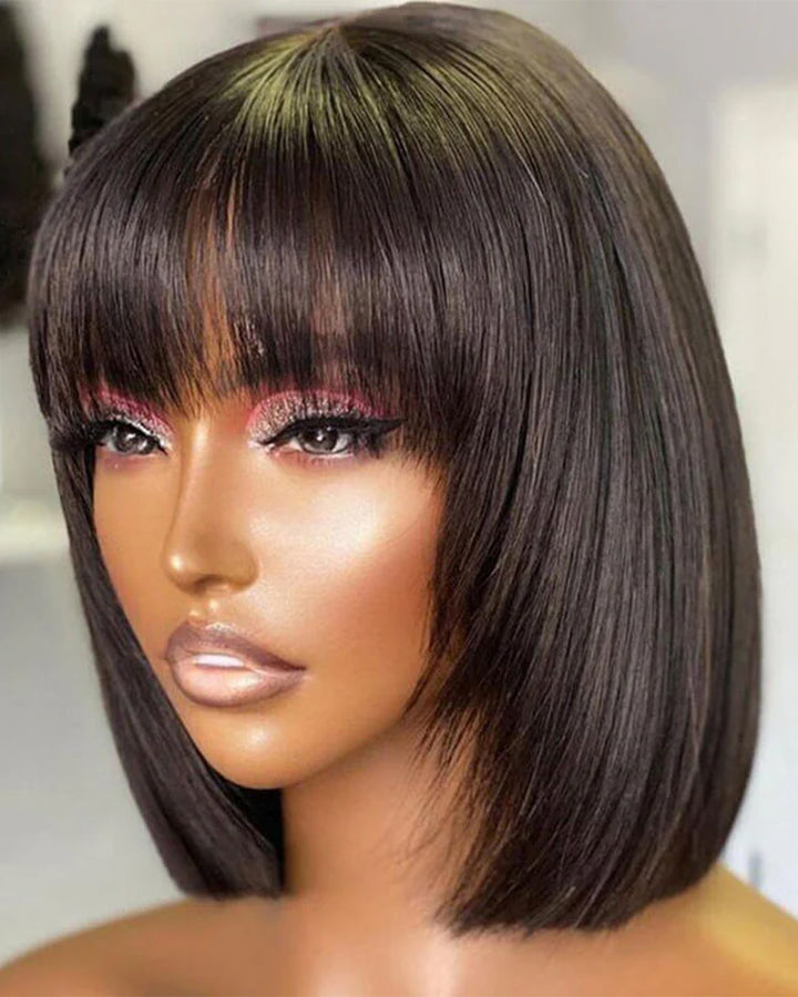 eullair Layered Cut Bangs Bob Wig Short Pre Colored Glueless Straight Hunan Hair Pre Cut 4x4 5x5 Lace Closure Wig
