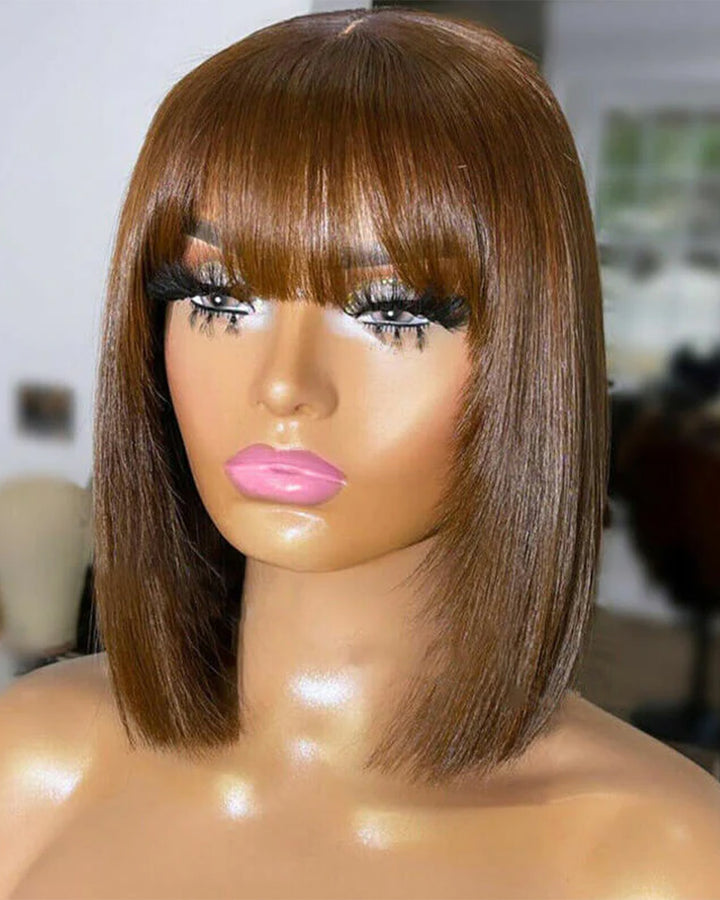 eullair Layered Cut Bangs Bob Wig Short Pre Colored Glueless Straight Hunan Hair Pre Cut 4x4 5x5 Lace Closure Wig