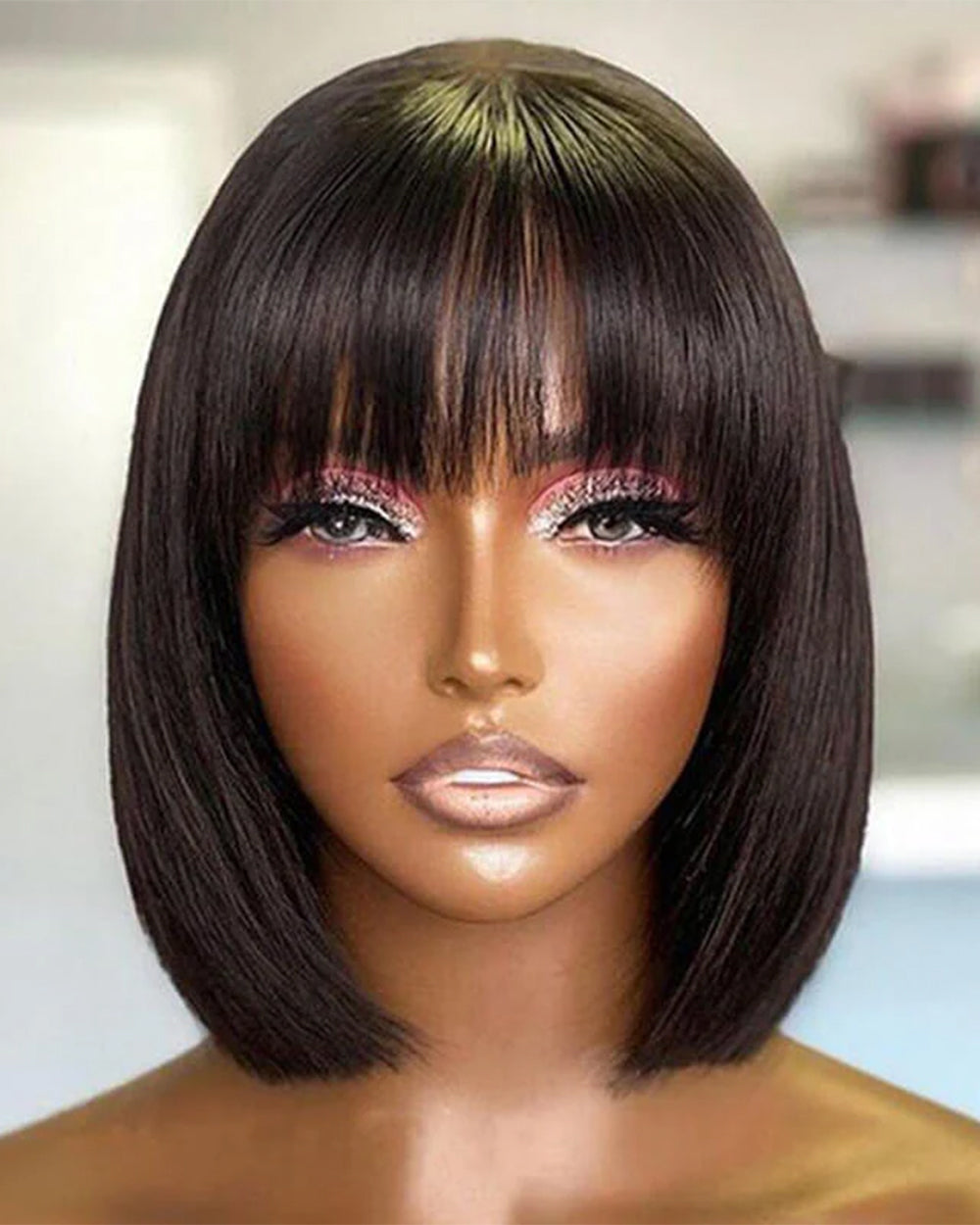 eullair Layered Cut Bangs Bob Wig Short Pre Colored Glueless Straight Hunan Hair Pre Cut 4x4 5x5 Lace Closure Wig