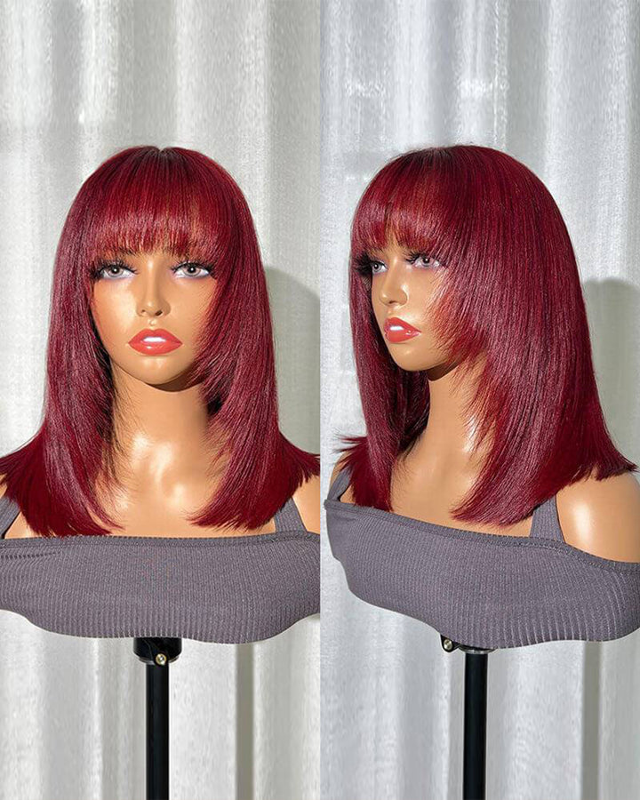 eullair Layered Cut Bangs Bob Wig Short Pre Colored Glueless Straight Hunan Hair Pre Cut 4x4 5x5 Lace Closure Wig
