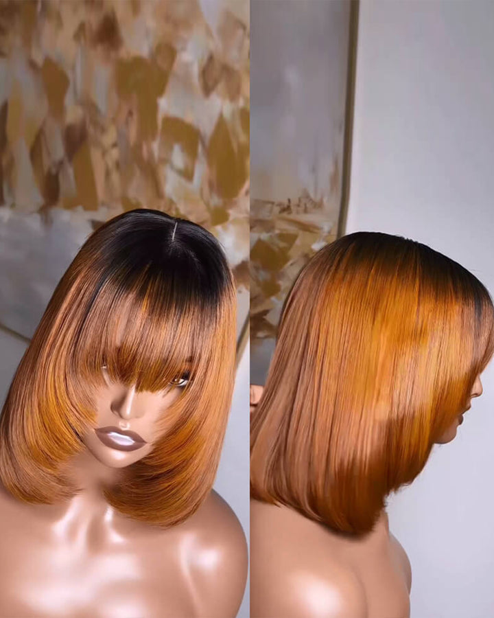 eullair Layered Cut Bangs Bob Wig Short Pre Colored Glueless Straight Hunan Hair Pre Cut 4x4 5x5 Lace Closure Wig