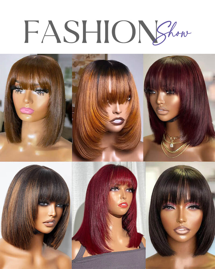eullair Layered Cut Bangs Bob Wig Short Pre Colored Glueless Straight Hunan Hair Pre Cut 4x4 5x5 Lace Closure Wig