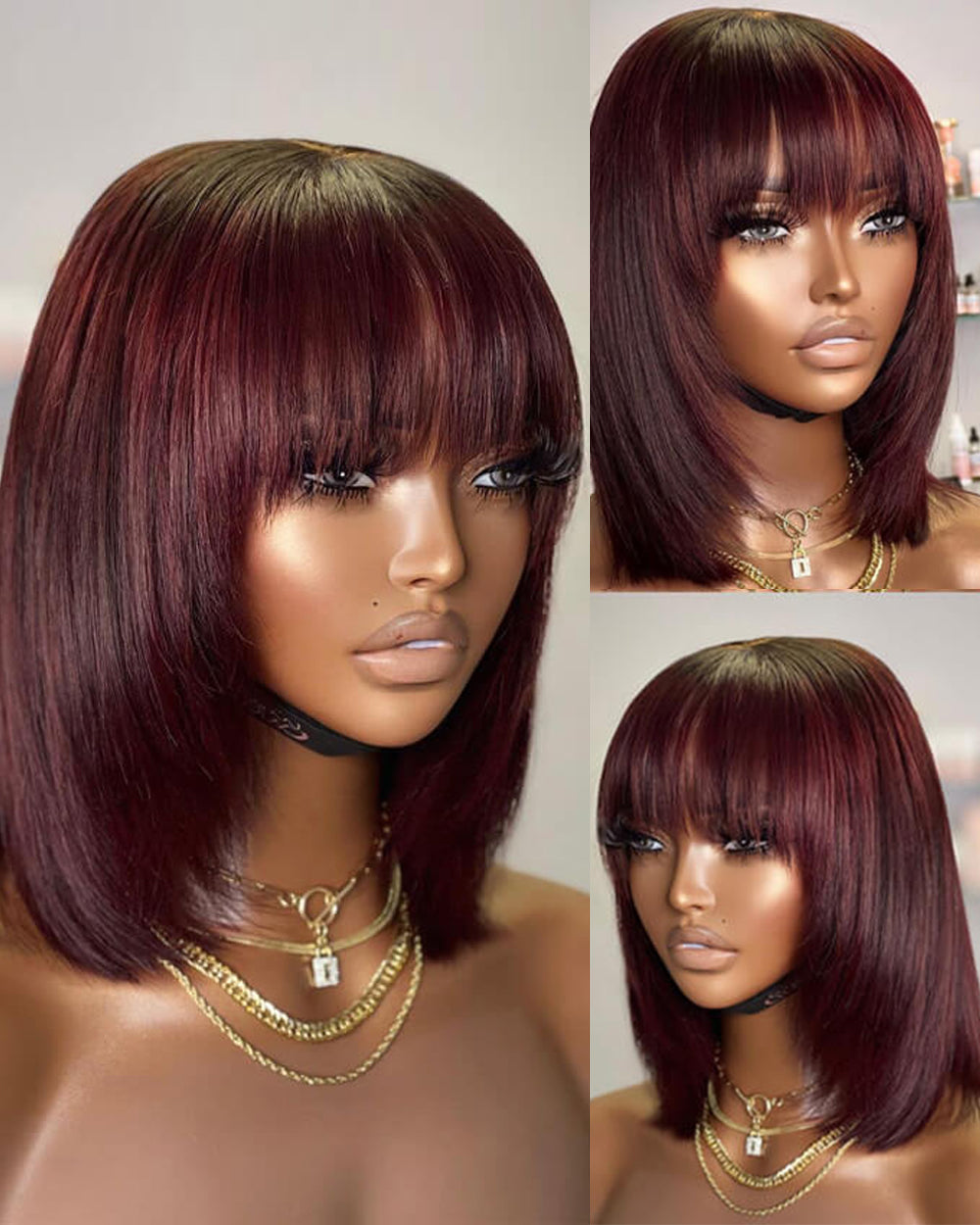 eullair Layered Cut Bangs Bob Wig Short Pre Colored Glueless Straight Hunan Hair Pre Cut 4x4 5x5 Lace Closure Wig