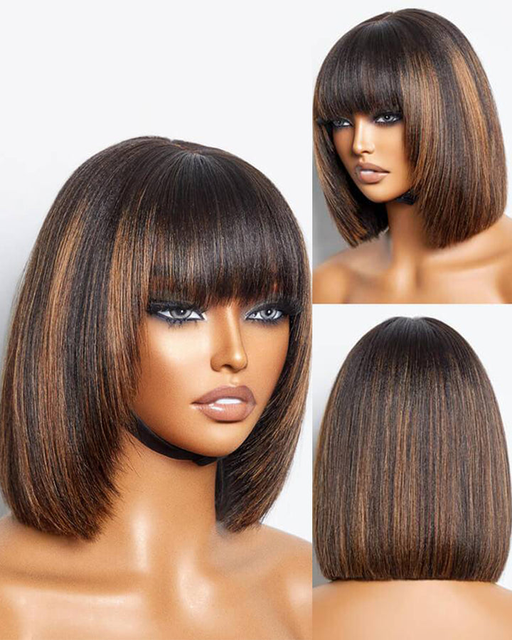 eullair Layered Cut Bangs Bob Wig Short Pre Colored Glueless Straight Hunan Hair Pre Cut 4x4 5x5 Lace Closure Wig