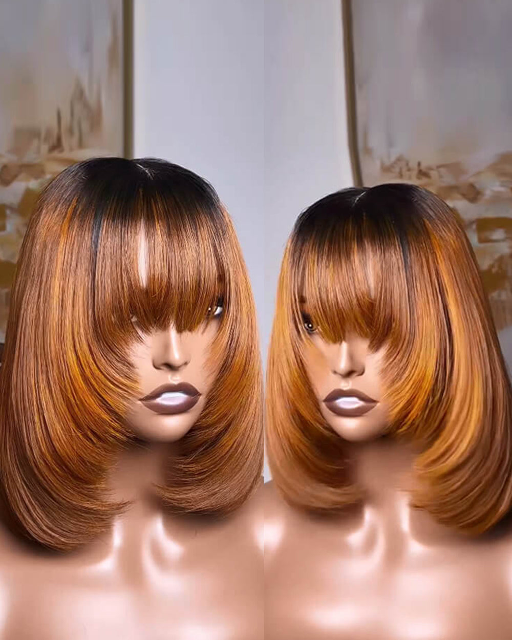 eullair Layered Cut Bangs Bob Wig Short Pre Colored Glueless Straight Hunan Hair Pre Cut 4x4 5x5 Lace Closure Wig