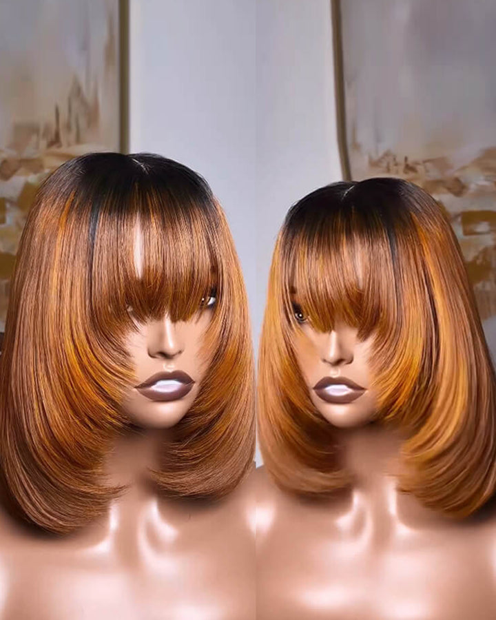 eullair Layered Cut Bangs Bob Wig Short Pre Colored Glueless Straight Hunan Hair Pre Cut 4x4 5x5 Lace Closure Wig