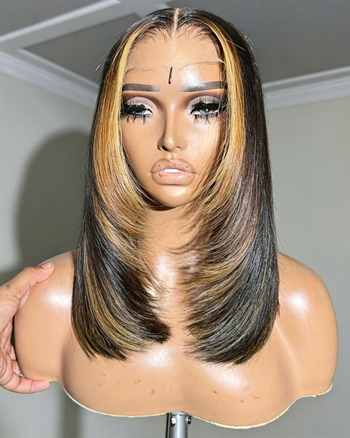 eullair Layered Cut Short Glueless Hunan Hair BOB Brown Highlight Pre Cut 4x4 5x5 Straight Skunk Stripe Wig