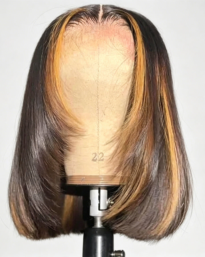 eullair Layered Cut Short Glueless Hunan Hair BOB Brown Highlight Pre Cut 4x4 5x5 Straight Skunk Stripe Wig