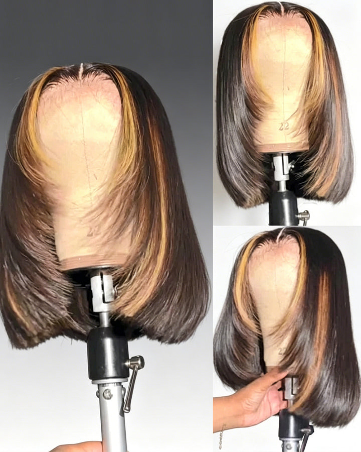 eullair Layered Cut Short Glueless Hunan Hair BOB Brown Highlight Pre Cut 4x4 5x5 Straight Skunk Stripe Wig