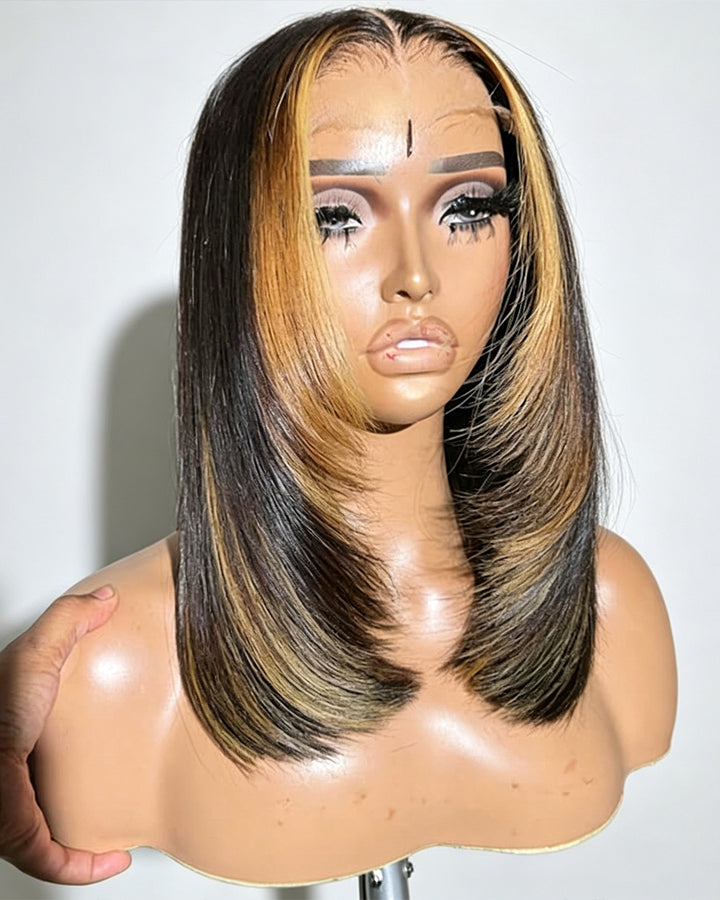 eullair Layered Cut Short Glueless Hunan Hair BOB Brown Highlight Pre Cut 4x4 5x5 Straight Skunk Stripe Wig