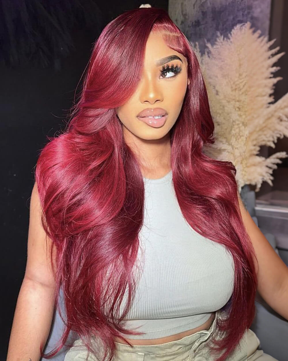 eullair Long Wavy Burgundy Red 13x4 Lace Frontal Wig | Custom Color