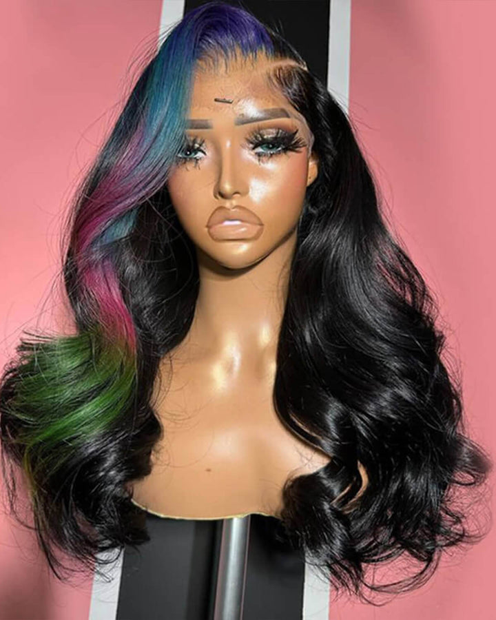 eullair Multi Colored Lace Front Wig Body Wave Human Hair Blue With Orange Green Highlight Lace Frontal Wigs For Women Pre Plucked 180%