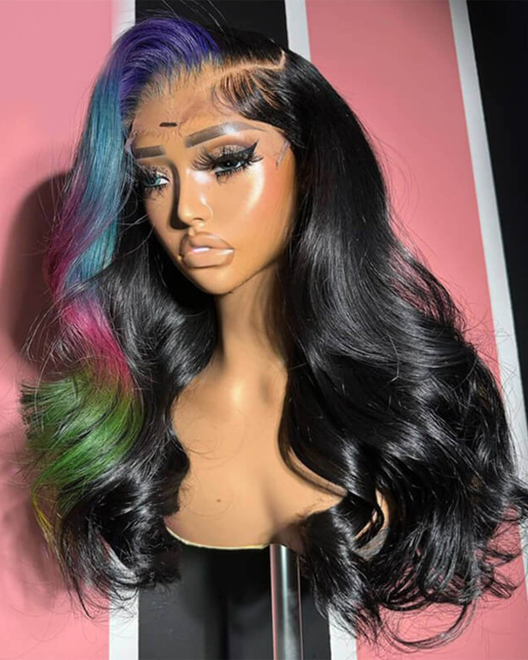 eullair Multi Colored Lace Front Wig Body Wave Human Hair Blue With Orange Green Highlight Lace Frontal Wigs For Women Pre Plucked 180%