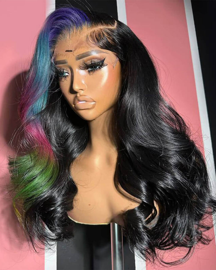 eullair Multi Colored Lace Front Wig Body Wave Human Hair Blue With Orange Green Highlight Lace Frontal Wigs For Women Pre Plucked 180%