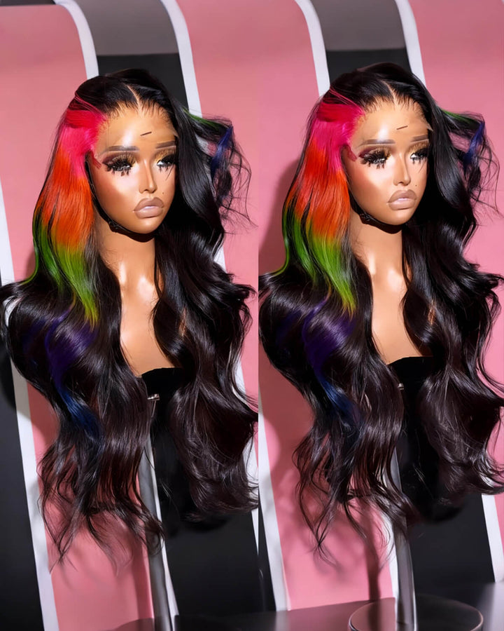 eullair Multi Colored Lace Front Wig Body Wave Human Hair Blue With Orange Green Highlight Lace Frontal Wigs For Women Pre Plucked 180%