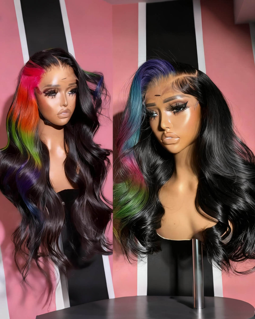 eullair Multi Colored Lace Front Wig Body Wave Human Hair Blue With Orange Green Highlight Lace Frontal Wigs For Women Pre Plucked 180%