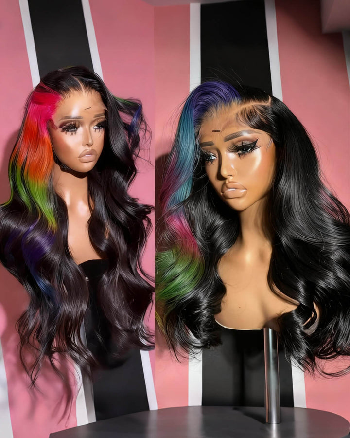 eullair Multi Colored Lace Front Wig Body Wave Human Hair Blue With Orange Green Highlight Lace Frontal Wigs For Women Pre Plucked 180%