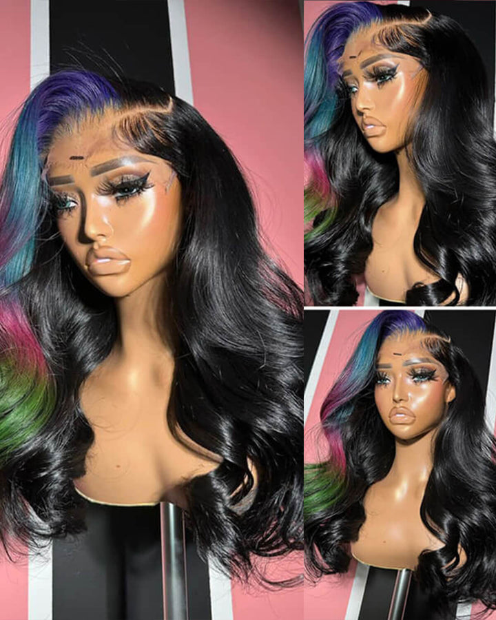 eullair Multi Colored Lace Front Wig Body Wave Human Hair Blue With Orange Green Highlight Lace Frontal Wigs For Women Pre Plucked 180%