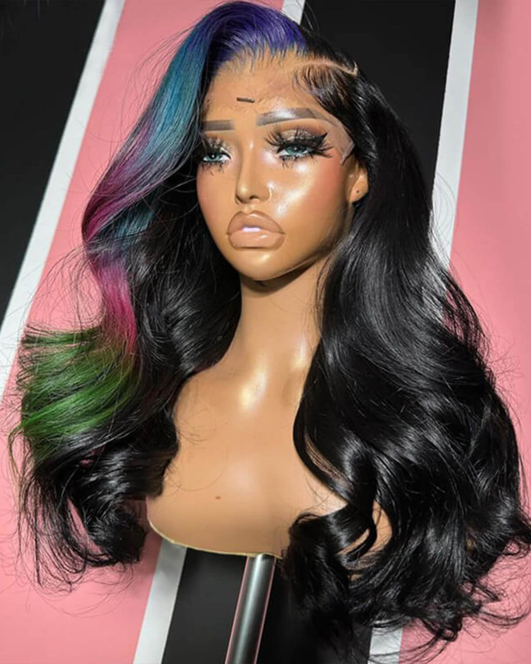 eullair Multi Colored Lace Front Wig Body Wave Human Hair Blue With Orange Green Highlight Lace Frontal Wigs For Women Pre Plucked 180%