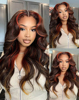 eullair Multi Colored Lace Front Wig Brown with Mixed Orange Yellow Human Hair Wig Body Wave Glueless Wig( EW009 )
