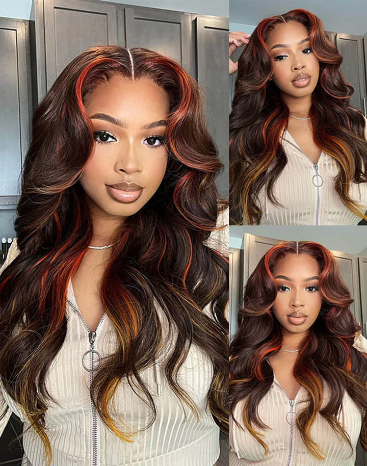 eullair Multi Colored Lace Front Wig Brown with Mixed Orange Yellow Human Hair Wig Body Wave Glueless Wig( EW009 )