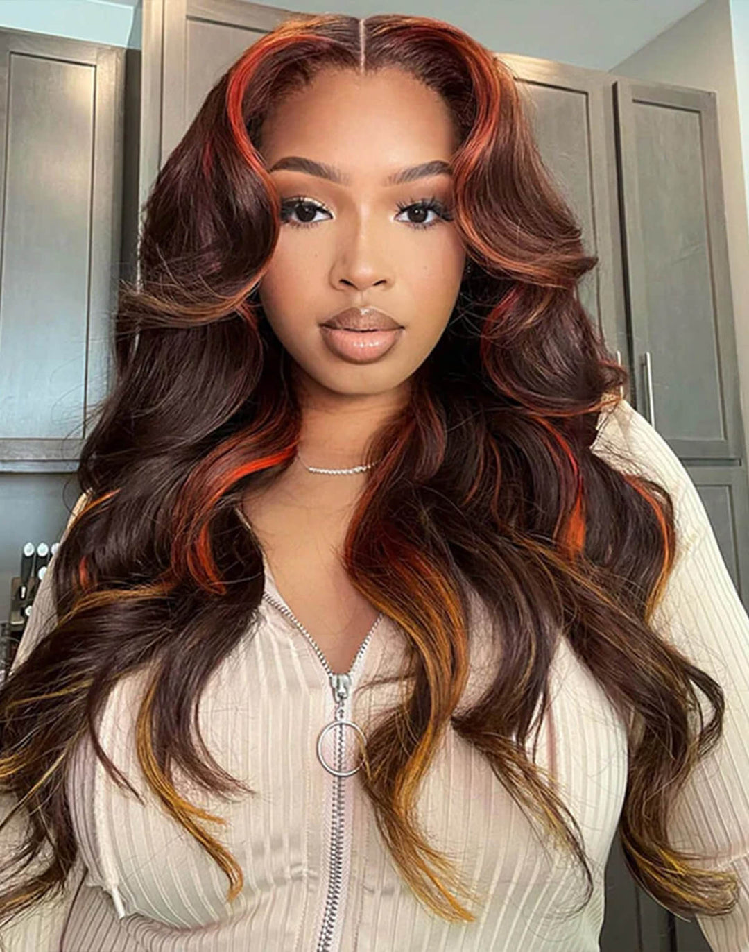 eullair Multi Colored Lace Front Wig Brown with Mixed Orange Yellow Human Hair Wig Body Wave Glueless Wig( EW009 )