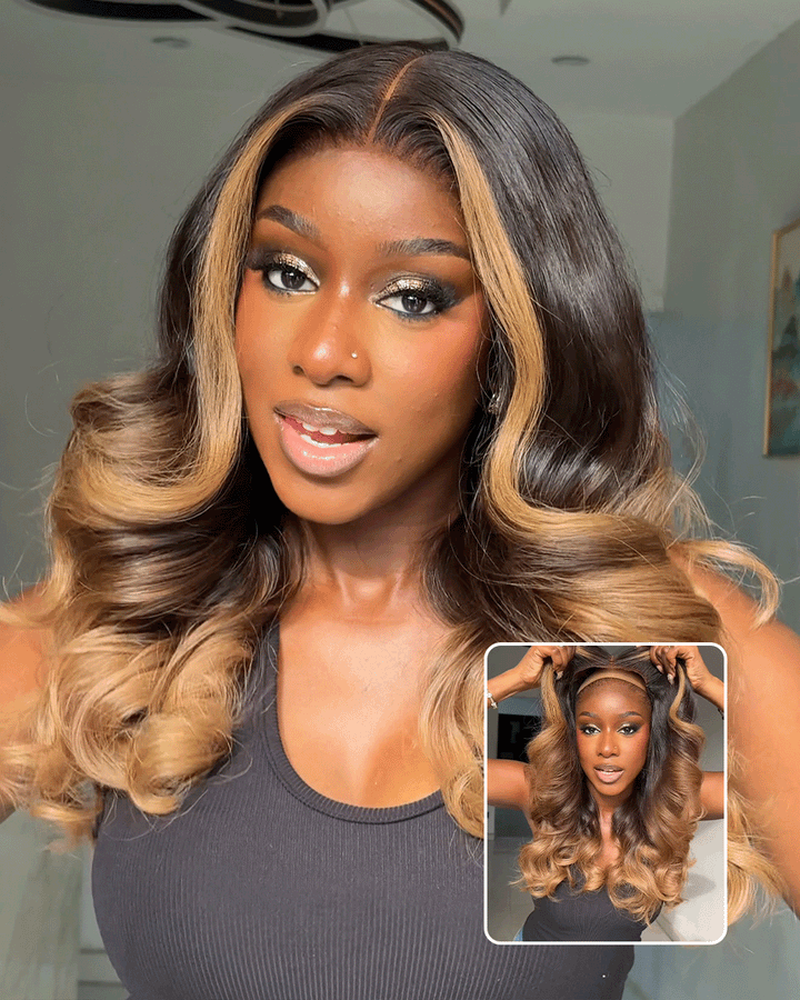 eullair Ombre 1B/4/27 Body Wave Gluleless Wig Skunk Stripe Wig with Honey Blonde Color Wig