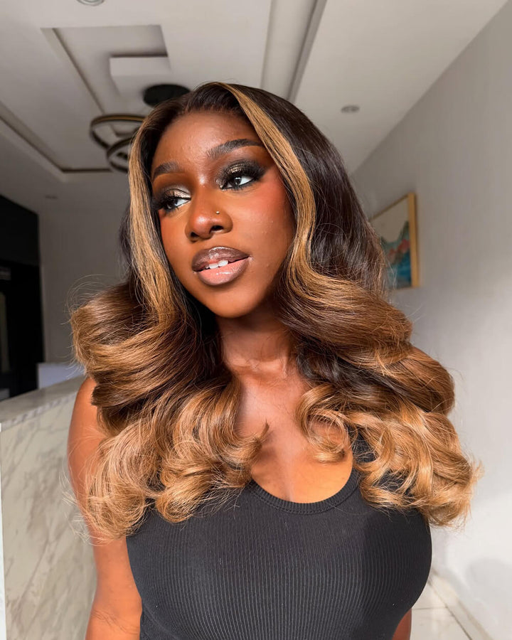 eullair Ombre 1B/4/27 Body Wave Gluleless Wig Skunk Stripe Wig with Honey Blonde Color Wig