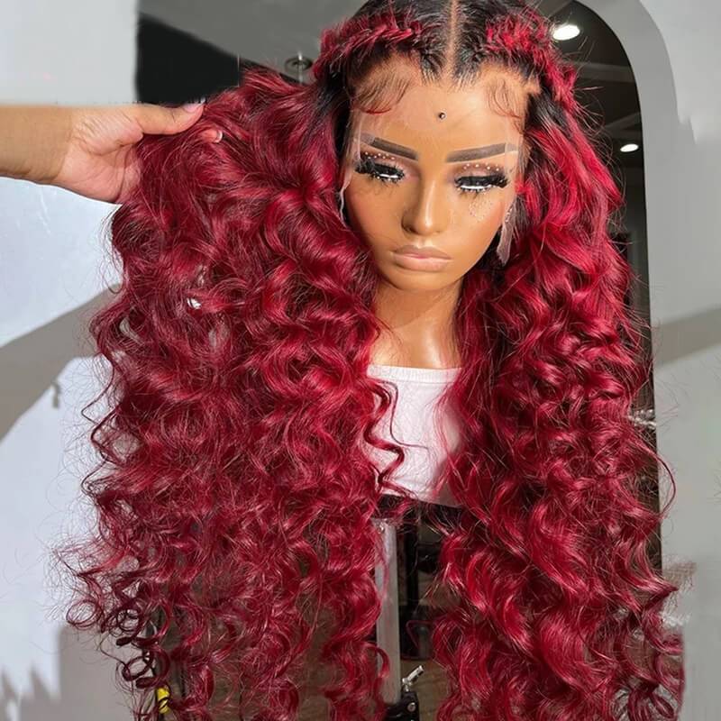 eullair Ombre 1b Bright 99J Burgundy Loose Wave Wig Colored Lace Frontal Human Hair Wigs For Women