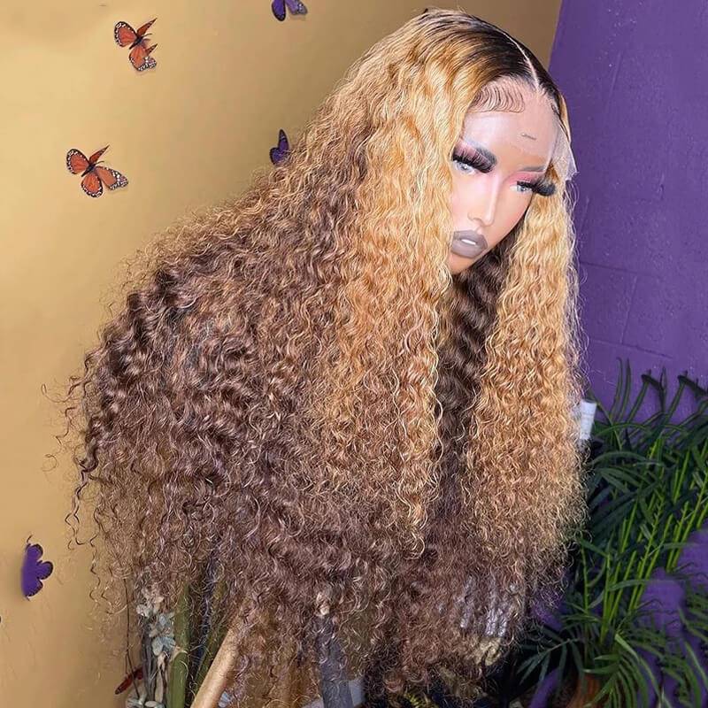 eullair Ombre 1b Honey Blonde Brown Curly Lace Frontal Wig Colored Glueless Human Hair Wig Pre Plucked