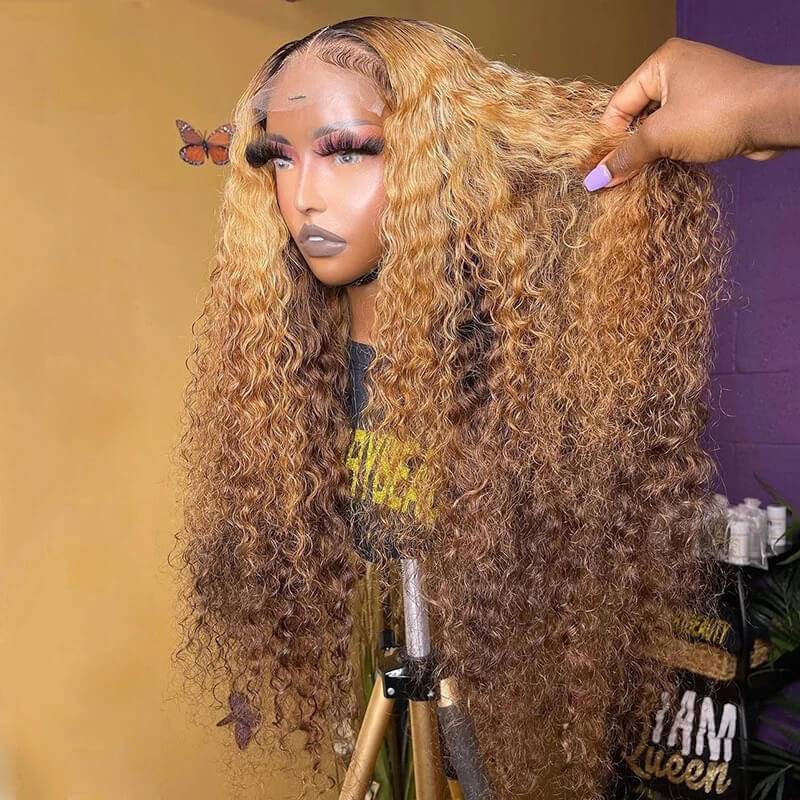 eullair Ombre 1b Honey Blonde Brown Curly Lace Frontal Wig Colored Glueless Human Hair Wig Pre Plucked