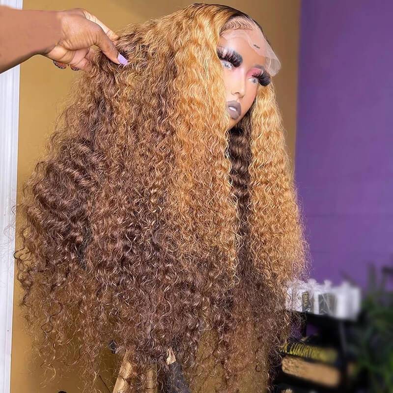 eullair Ombre 1b Honey Blonde Brown Curly Lace Frontal Wig Colored Glueless Human Hair Wig Pre Plucked