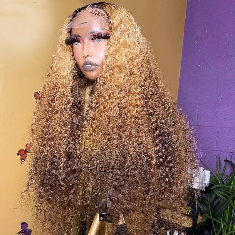eullair Ombre 1b Honey Blonde Brown Curly Lace Frontal Wig Colored Glueless Human Hair Wig Pre Plucked