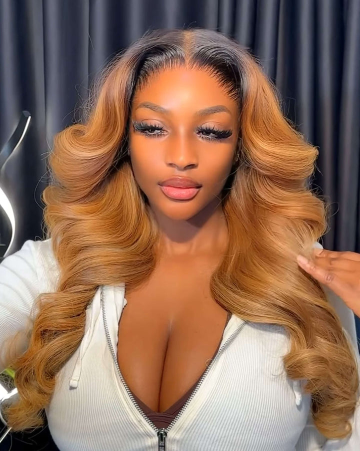eullair Ombre Honey Blonde Long Wavy Glueless Human Hair Wig 13x4 Transparent Lace Frontal 250% High Density