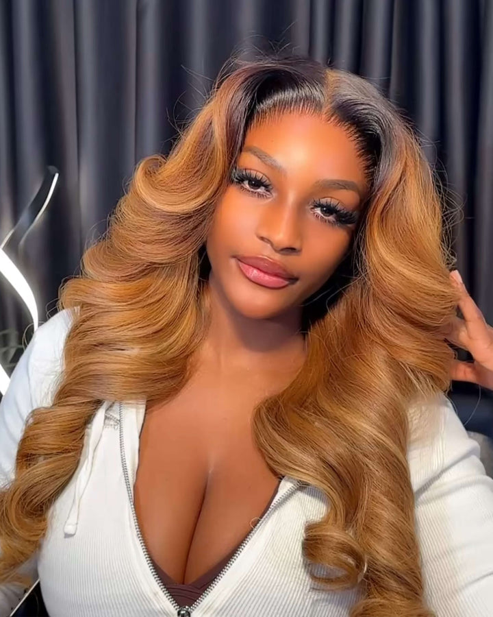 eullair Ombre Honey Blonde Long Wavy Glueless Human Hair Wig 13x4 Transparent Lace Frontal 250% High Density
