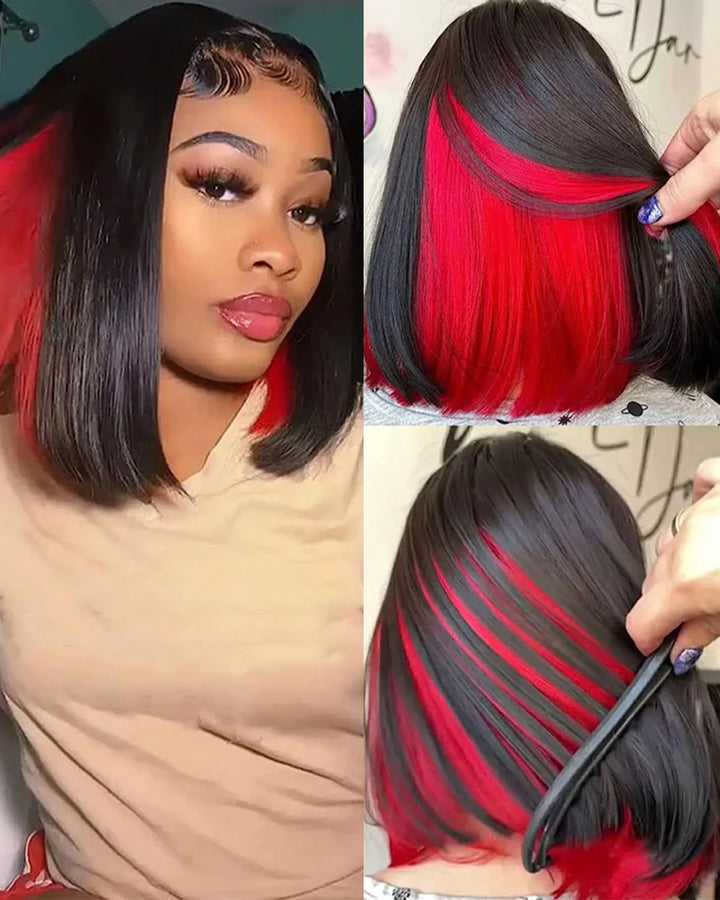 eullair Peakaboo Highlights Colored Short BOB Wig Innenr Red/Pink/Blue/Green/Blonde Straight Human Hair Lace Frontal Wig