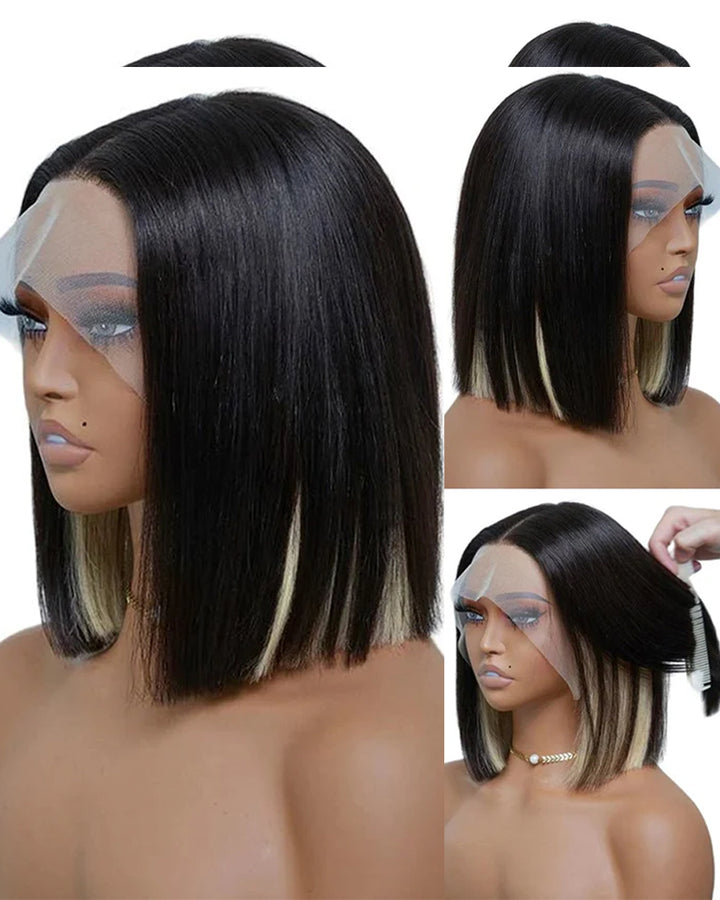 eullair Peakaboo Highlights Colored Short BOB Wig Innenr Red/Pink/Blue/Green/Blonde Straight Human Hair Lace Frontal Wig