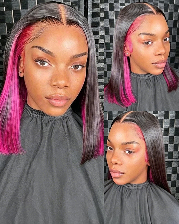 eullair Peakaboo Highlights Colored Short BOB Wig Innenr Red/Pink/Blue/Green/Blonde Straight Human Hair Lace Frontal Wig