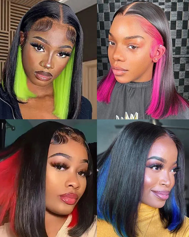eullair Peakaboo Highlights Colored Short BOB Wig Innenr Red/Pink/Blue/Green/Blonde Straight Human Hair Lace Frontal Wig