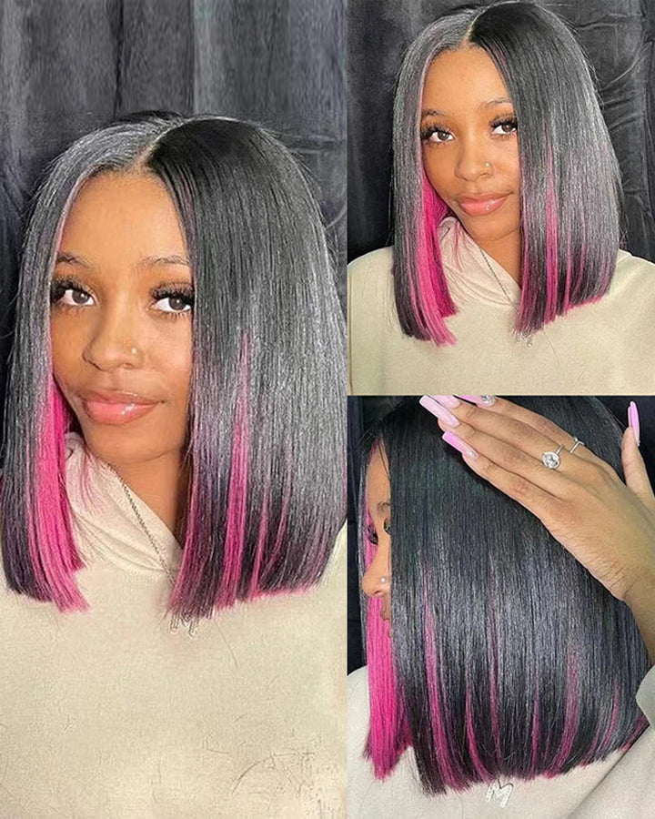 eullair Peakaboo Highlights Colored Short BOB Wig Innenr Red/Pink/Blue/Green/Blonde Straight Human Hair Lace Frontal Wig