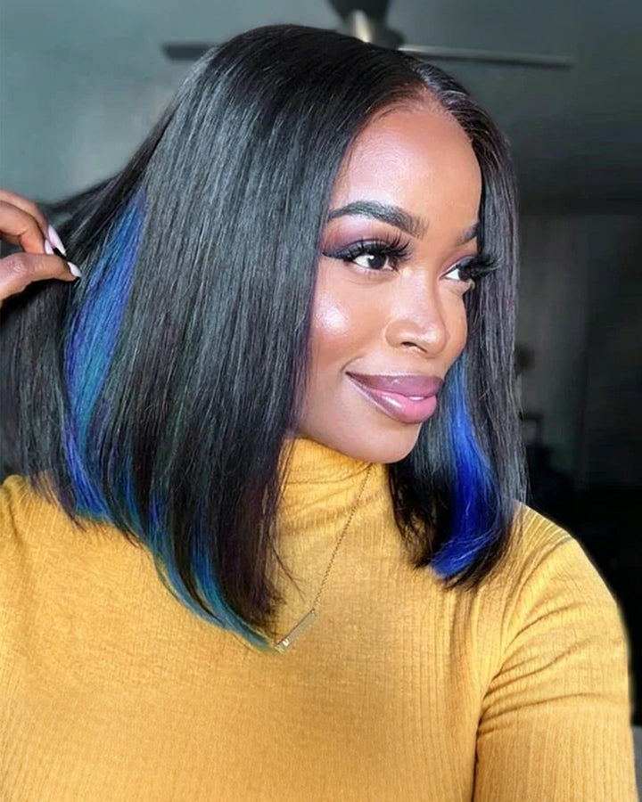 eullair Peakaboo Highlights Colored Short BOB Wig Innenr Red/Pink/Blue/Green/Blonde Straight Human Hair Lace Frontal Wig