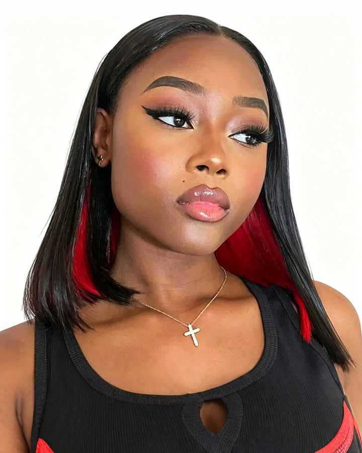 eullair Peakaboo Highlights Colored Short BOB Wig Innenr Red/Pink/Blue/Green/Blonde Straight Human Hair Lace Frontal Wig